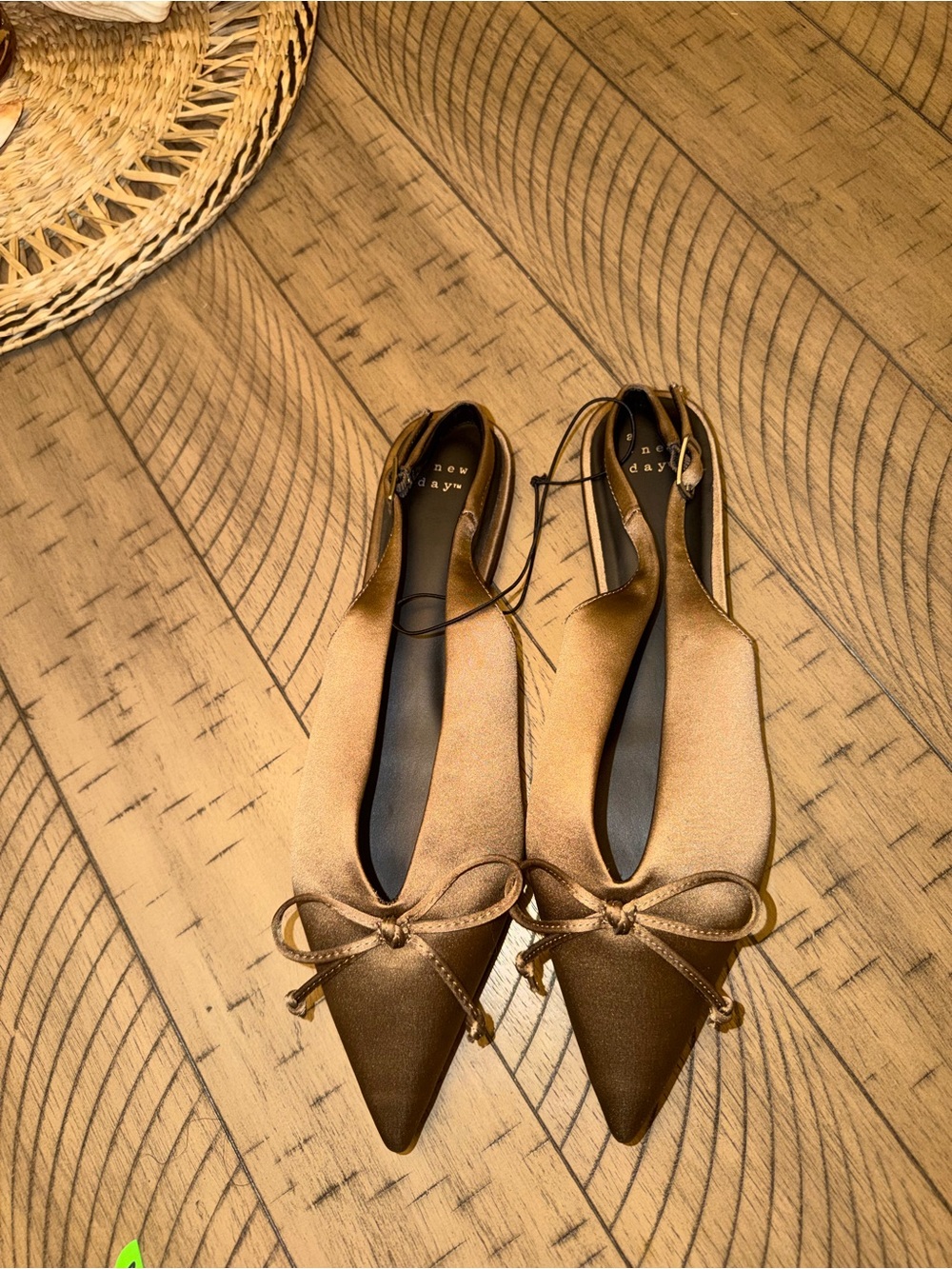 a new day Bronze Satin Pointed Toe Slingback Flats with Bow
